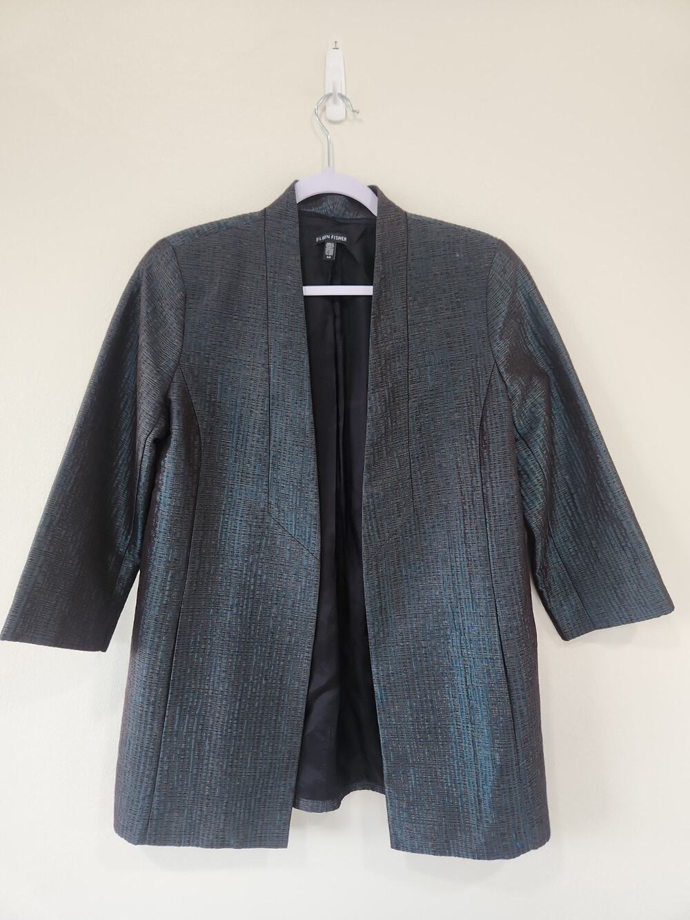 Eileen Fisher Silk Metallic Jacquard Coat High Collar Jacket Size PS